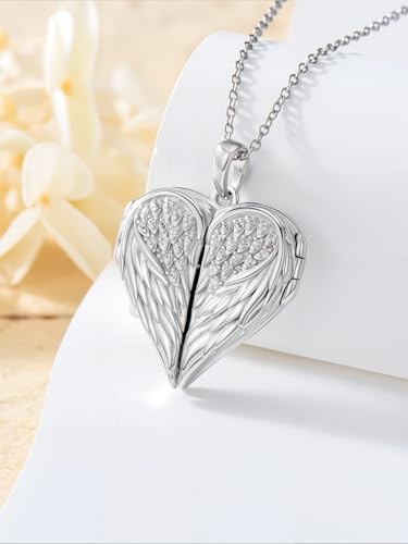 Dorunmo Personalized Heart Locket Necklace That Holds 2 Picture 925 Sterling Silver Custom Lockets Pendant Memorial Jewelry Gifts for Mom Sisters - color: Angel Wings, style: Personalized-Photo
