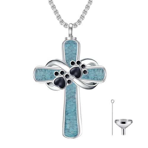Turquoise Cross Urn Necklaces for Human Ashes 925 Sterling Silver Urn Necklaces Cremation Keepsake Memorial Pendant Necklace for Ashes for Loved One Human Pet - style: Paw Print&Black