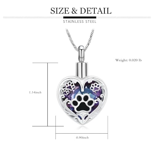 Yinplsmemory Pet Urn Necklace Pendant Jewelry for Dog Cat Memorial Crystal Heart Cremation Jewelry with Paw Print Ashes Keepsake Funeral Jewelry - color: Silver-purple