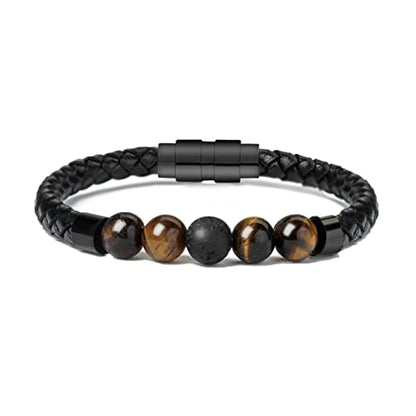 shajwo Cremation Jewelry Lava Stone Urn Bracelet for Ashes for Women Men Chakra Healing Balancing Genuine Leather Memorial Bracelets - color: Black (4 Tiger Eye + 1 Lava Stone)