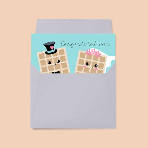 Funny Wedding Card for Newlyweds – Waffle-y Wedded Silly Waffle Themed Greeting for Bride and Groom Wedding Day- Congratulations to the Happy Couple 4X6 inch Card with Silver Envelope Included - style: Waffle