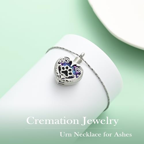 Yinplsmemory Pet Urn Necklace Pendant Jewelry for Dog Cat Memorial Crystal Heart Cremation Jewelry with Paw Print Ashes Keepsake Funeral Jewelry - color: Silver-purple