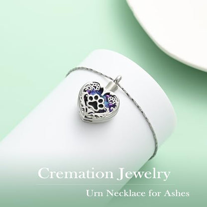 Yinplsmemory Pet Urn Necklace Pendant Jewelry for Dog Cat Memorial Crystal Heart Cremation Jewelry with Paw Print Ashes Keepsake Funeral Jewelry - color: Silver-purple