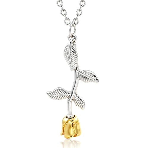 Eternal Rose Cremation Necklace - Stainless Steel Memorial Urn Pendant with Leaf & Stem for Ashes, Keepsake Jewelry for Loved Ones - color: Silver-Gold