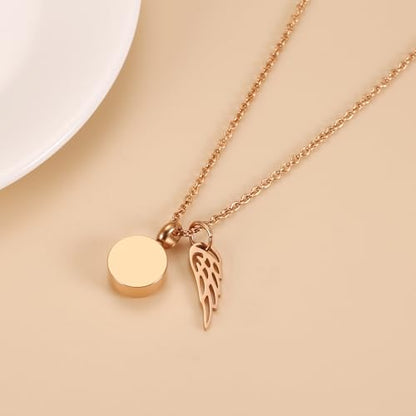 Tiny Glass Round Cremation Urn Necklace For Ashes For Women With Angel Wing Stainless Steel Memorial Locket Necklace Keepsake Jewelry - color: Rose Gold