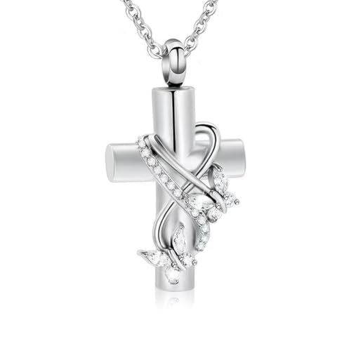 Butterfly Urn Necklace for Ashes for Women Cross Infinity Cremation Ash Pendant for Human Pet Memorial Keepsake Jewelry - color: White