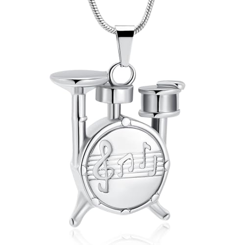 Drum Urn Necklace for Ashes Music Cremation Jewelry for Women Men Stainless Steel Memorial Necklaces Ash Holder for Human Pets Keepsake Jewelry for Loved Ones with Fill Tool - color: Silver