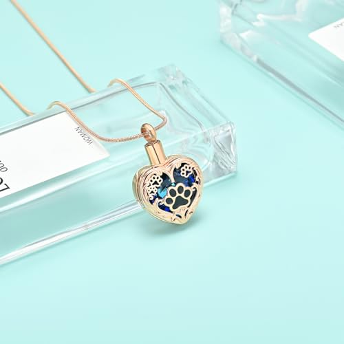 Heart Urn Necklace For Ashes Birthstone Pet Memorial Jewelry Dog Paw Print Cremation Pendant Stainless Steel Keepsake Gift For Pet Lovers - color: Rosegold blue