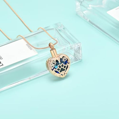 Heart Urn Necklace For Ashes Birthstone Pet Memorial Jewelry Dog Paw Print Cremation Pendant Stainless Steel Keepsake Gift For Pet Lovers - color: Rosegold blue