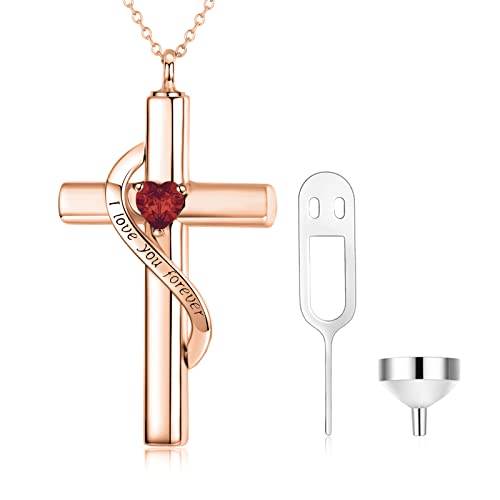 SOULMEET Crystal Cross Necklace for Ashes, Sterling Silver I Love You Forever Birthstone Cross Urn Necklaces for Ashes Keepsake Cremation Jewelry for Pet Human Ashes - style: A-Rose Gold-January