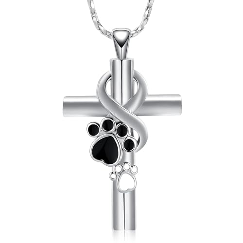 Cross Urn Necklace for Ashes Pet Paw Cremation Jewelry Ashes Necklace for Dog/Cat Paw Print Memorial Locket for Women Men - color: Silver