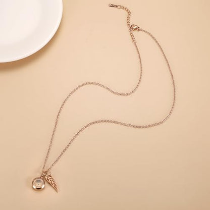 Tiny Glass Round Cremation Urn Necklace For Ashes For Women With Angel Wing Stainless Steel Memorial Locket Necklace Keepsake Jewelry - color: Rose Gold