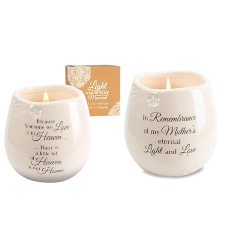 Pavilion 'in Memory, A Bit of Heaven' Ceramic Candle Gift Set - White Soy Candle and 'Light Your Way' Memorial Mother Candle