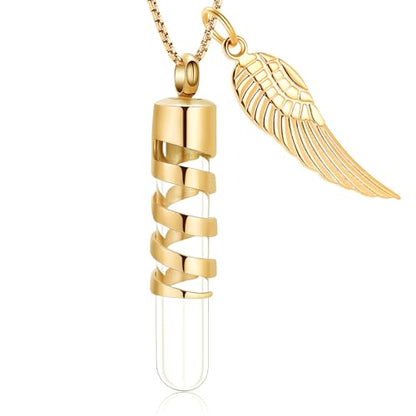 Oinsi Clear Glass Tube Cremation Urn Jewelry Ashes Holder Necklace Keepsake Memorial Pendant Including Box/Fill Kits - color: Gold (Angel wing)