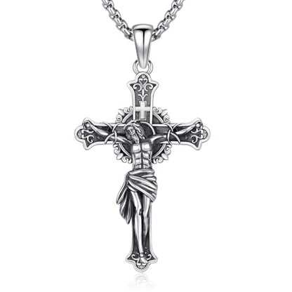 Crucifix Necklace for Men 925 Sterling Silver Jesus Cross Necklace Crucifix Cross Pendant Protection Jewelry for Men Women - style: A02-Hanging Cross-Vintage