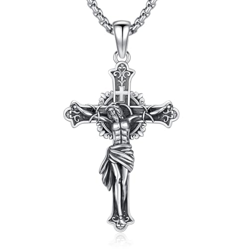 Crucifix Necklace for Men 925 Sterling Silver Jesus Cross Necklace Crucifix Cross Pendant Protection Jewelry for Men Women - style: A02-Hanging Cross-Vintage