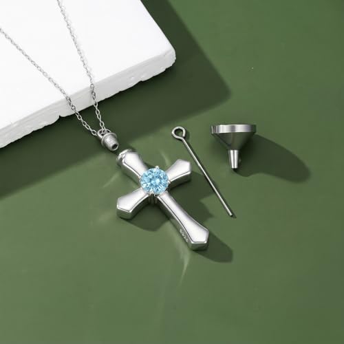 YYB Urn Necklace for Ashes Women Heart Birthstone Cross Cremation Jewelry | Memorial Keepsake Funeral Jewelry for Loved Ones (with Funnel Filler) - color: 03--Aquamarine March