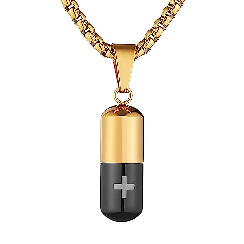 STWTR Stainless Steel Cylindrical Souvenir Capsule Pill Pendant Necklace, Cremated Ashes Pill Container Necklace - color: Gold and black