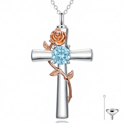 YYB Rose Flower Urn Necklaces Cross Birthstone Cremation Jewelry for Ashes Memorial Keepsake Funeral Pendant for Women - color: 03-Mar-Aquamarine
