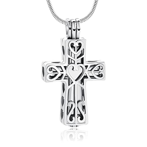 Crystal Cross Necklace for Ashes Stainless Steel Keepsake Cremation Jewelry Religious Cross Memorial Urn Necklace for Pet Human Ashes Gifts - color: Silver-2