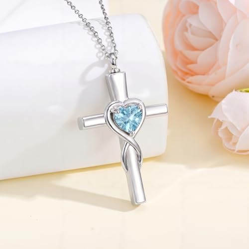 YYB Urn Necklace for Ashes Women Heart Birthstone Cross Cremation Jewelry | Memorial Keepsake Funeral Jewelry for Loved Ones (with Funnel Filler) - color: 03-Mar-Aquamarine