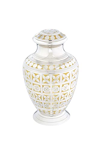 BOLD & DIVINE Cremation Urn for Human Ashes Adult Brass Funeral Urn |Metal Hand Engraving Large Urn | for Adults Display Burial at Home or in Niche at Columbarium (Silvery Shine/Golden Flower) - color: Silvery Shine / Golden Flower