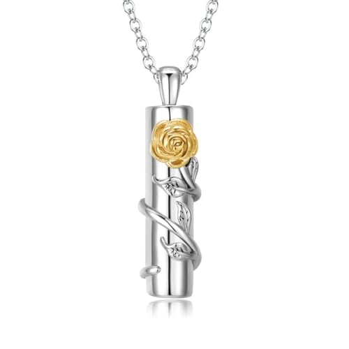Rose Flower Urn Necklace for Ashes Stainless Steel Cylinder Ash Holder Pendant Cremation Jewelry for Ashes - color: Golden