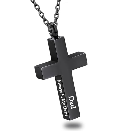 Cross Urn Necklace for Ashes for Men Women Cremation Jewelry Urns Locket Pendant Ashes Holder Memorial Jewelry-Always in My Heart - color: Black Dad