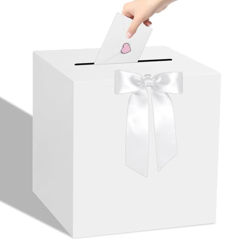 White Wedding Card Box, Bow Card Box for Party, Wedding Reception, Birthday, Anniversary, Graduation, Baby Shower, Raffle - color: White bow card box 02