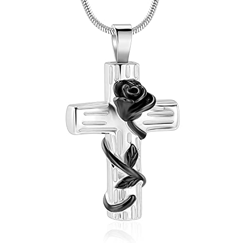 Rose Flower Urn Necklace for Ashes Stainless Steel Rose Flower Corss Memorial Cremation Jewelry Ash Keepsake Pendant Necklace for Women Men - color: Black