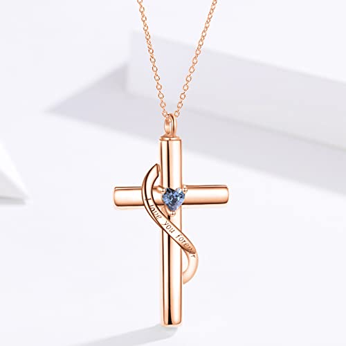 SOULMEET Crystal Cross Necklace for Ashes, Sterling Silver I Love You Forever Birthstone Cross Urn Necklaces for Ashes Keepsake Cremation Jewelry for Pet Human Ashes - style: M-Custom Real Rose Gold & Birthstone