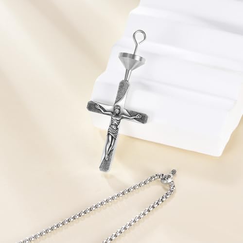 925 Sterling Silver Cross Necklace for Men & Women Crucifix Jesus/Cross Pendant with 22"+2" Stainless Steel Chain Jewelry Gift for Christmas, Father's Day, Mother's Day, Birthday-Gift Box Included - style: C04 Crucifix Urn