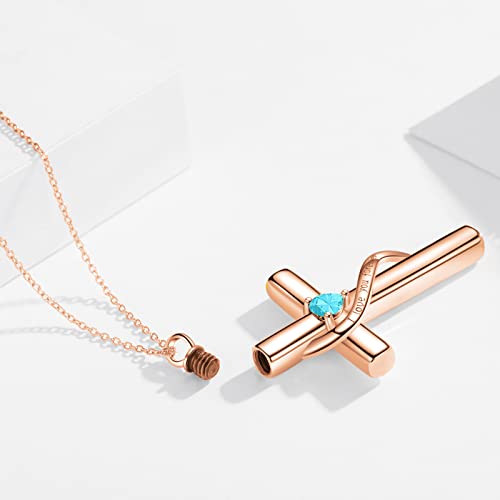 SOULMEET Personalize Solid 10k 14k 18k Real Gold Birthstone Cross Locket for Ashes, Simulated Gemstone Cross Urn Necklaces with Gold Chain Keepsake Cremation Jewelry - style: C-Rose Gold March