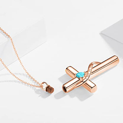 SOULMEET Personalize Solid 10k 14k 18k Real Gold Birthstone Cross Locket for Ashes, Simulated Gemstone Cross Urn Necklaces with Gold Chain Keepsake Cremation Jewelry - style: C-Rose Gold March