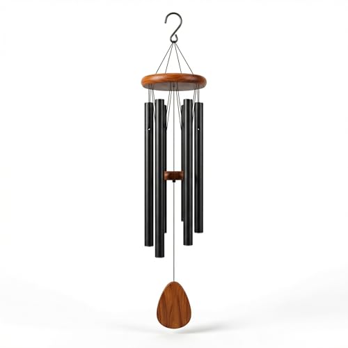 37 Inch Large Wind Chimes for Outside, Deep Tone Black Aluminum Wind Chime with 6 Tubes, Memorial Sympathy Gift for Mom, Garden Patio Outdoor Decor, DIY Personalizable Windchime - size: 37 inches