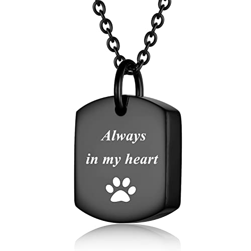 Stainless Steel Square Cremation Dog Tag Urn Necklace for Ashes — Pet Memorial Keepsake Jewelry for Dogs & Cats, Paw Print and Tree of Life Pendant for Women Men, Sympathy Bereavement Gift - color: Black-2