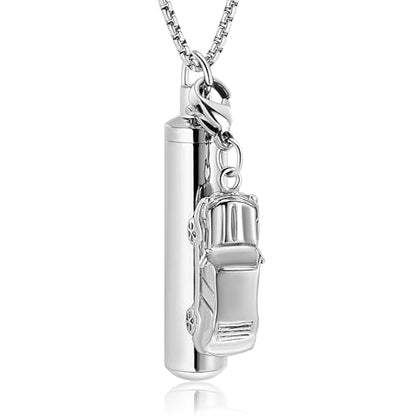 Oinsi Car Charm & Cylinder Urn Necklace for Ashes Stainless Steel Tube Cremation Urn Jewelry Necklace for Ashes Memorial Keepsake Gifts - color: Silver Tone