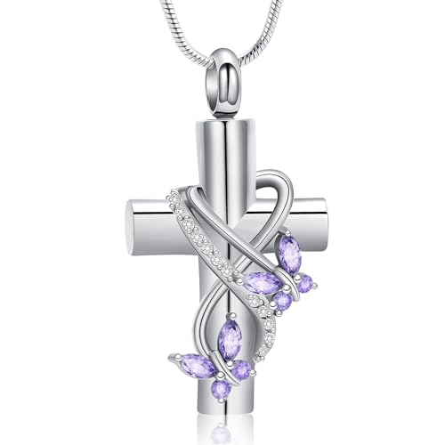 shajwo Cross Urn Necklace for Ashes Birthstone Rose Flower Cremation Jewelry for Women Gilrs Keepsake Memorial Ashes Pendant - color: Butterfly-Purple