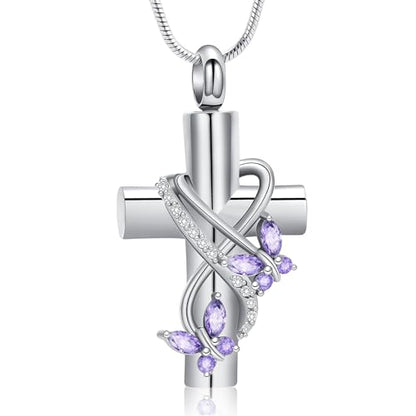 Butterfly Cross Cremation Jewelry Urn Necklaces Stainless Steel Cross Urn Necklaces for Ashes Memorial Keepsake Pendant for Women Gifts With Funnel Kit & Bag - color: Silver+Purple