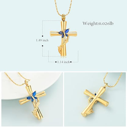 Imrsanl Cross with Butterfly Urn Necklaces for Ashes for Women - color: Gold Blue