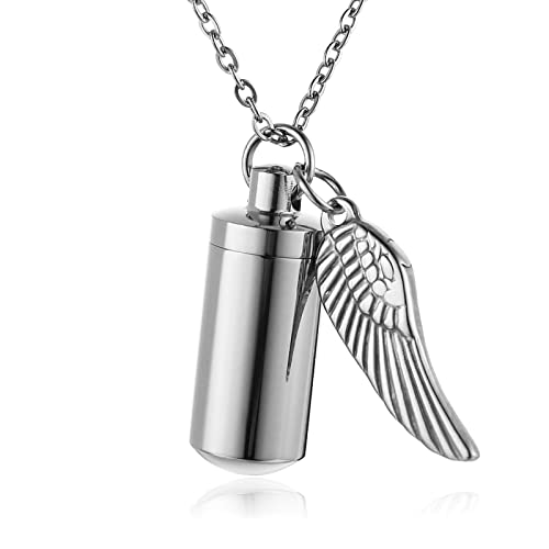 STWTR Stainless Steel Cylindrical Souvenir Capsule Pill Pendant Necklace, Cremated Ashes Pill Container Necklace - color: Silver-A