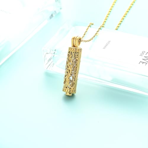 Tree of Life Urn Necklace for Women Men Cylinder Bar Memorial Ash Pendant | Tree of Life Cremation Jewelry,Stainless Steel Keepsakes Necklaces,Vial Ashes Pendant - color: Gold