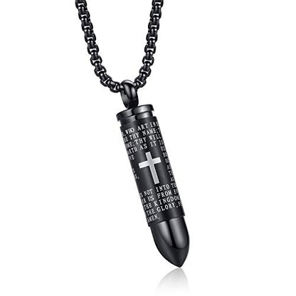 Mens Urn Necklace For Ashes Bullet Shape Cross Cremation Urn Jewelry - color: Black Tone