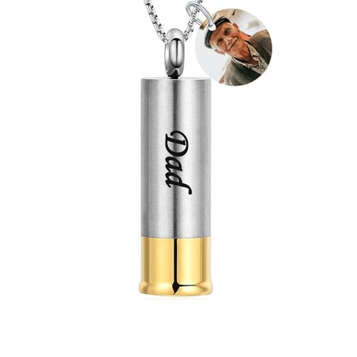 Oinsi Shotgun Shell Cremation Jewelry Urn Necklace For Ashes Of Loved Ones -Dad/Mom/Son/Grandma/Grandpa Cylinder Memorial Locket Pendant Necklace - color: Customize-Picture