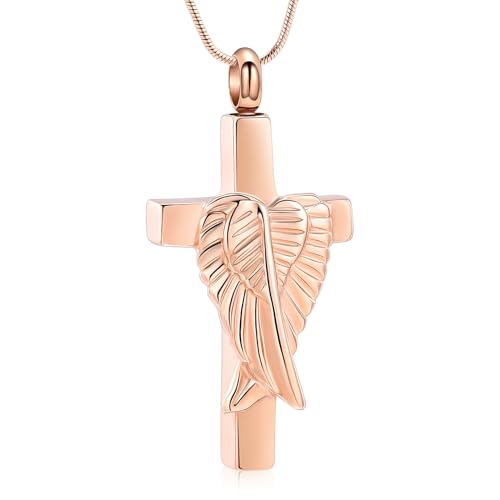 Cross Cremation Jewelry Urn Necklaces Cross Angel Wings Urn Necklaces for Ashes Memorial Keepsake Pendant for Women Men Gifts With Funnel Kit & Bag - color: Rose