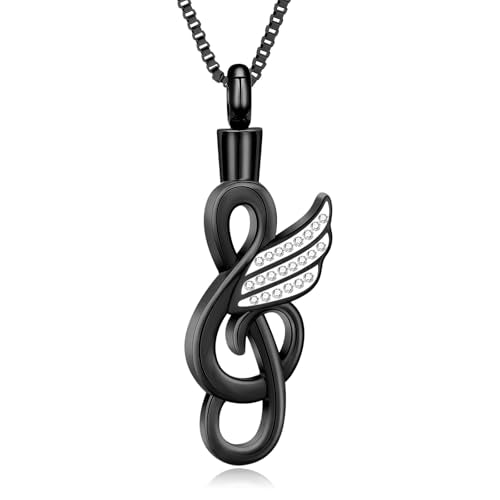 XSMZB Cremation Jewelry Crystal Music Note Urn Necklace for Ashes Stainless Steel Necklace Urn Cremation Memorial Ashes Holder Keepsake Pendant Locket - color: Black-1