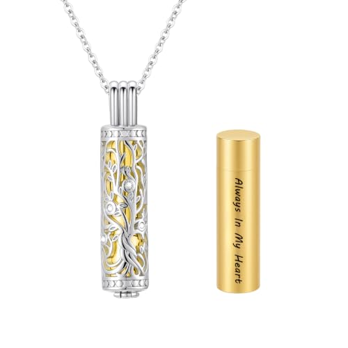Cylinder Tree of Life Urn Necklace for Ashes Cremation Jewelry Vial Pendant for Women Men Memorial Keepsake for Loved Ones - Always In My Heart - color: Silver-Gold-Always In My Heart