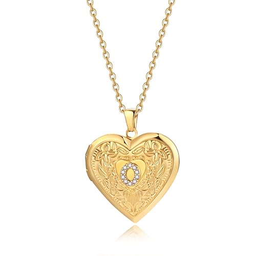 Badu Gold Initial A-Z Necklace for Women Heart Photo Lockets that Hold Picture Love Image Cubic Zirconia Necklace - color: O