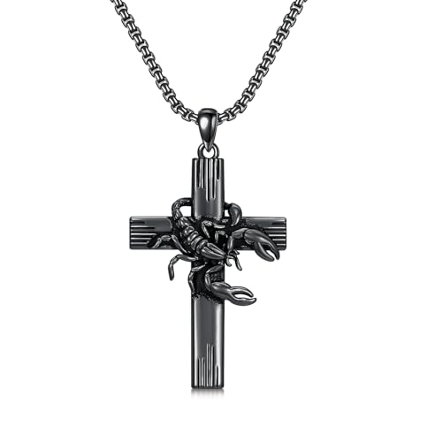 PROESS Cross Necklace for Women Men Sterling Silver Rose/Sunflower Cross Pendant Religious Jewelry Christmas Birthday Mothers' Day Gifts - color: 01-01-Scorpion-Black