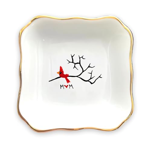 Cardinal Red Bird Trinket Dish, Memorial Keepsake for Sister, Friend, Daughter - Mom in Loving Memory Ring Dish Holder - Ceramic Keepsake Ring Dish, Sympathy Gift, Cardinal Gift - color: Memorial mom